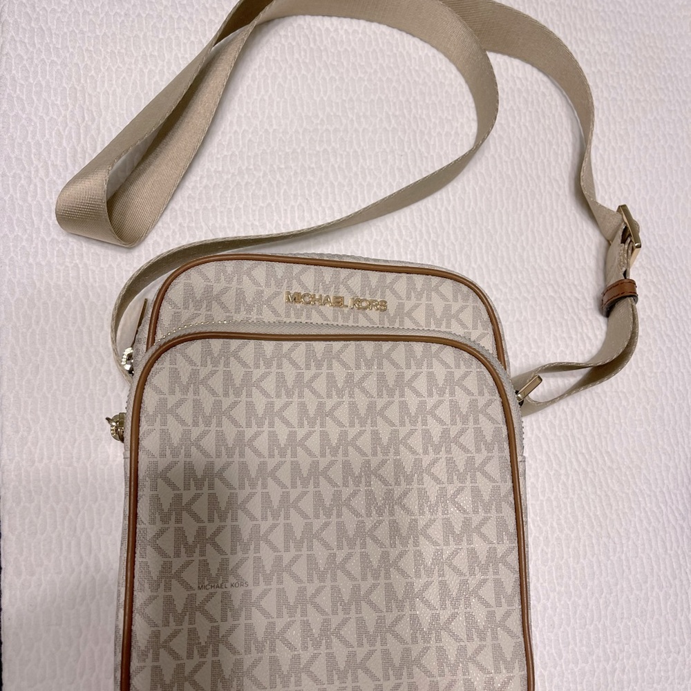 Michael Kors logo white and tan cross body bag